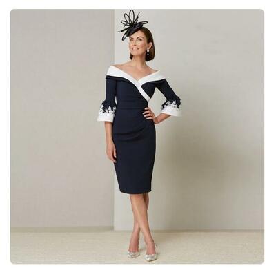 Elegant Mother Of The Bride Dresses For Wedding Off Shoulder Applique Trumpet Sleeves Knee Length Short Groom Mom Formal Gown