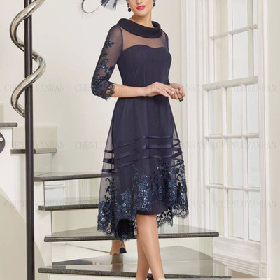 Tulle applique mother of the bride dresses dark blue wedding guest gowns tea-length elegant dress women for wedding party