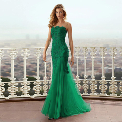 Elegant green mother of the bride dresses jewel neck sleeveless wedding guest gowns mermaid floor-length appliques tulle