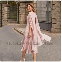 Pink Chiffon Mother of the Bride Dresses Simple Scoop Neck Long Sleeves Pearls Tea-Length A-LINE Evening Mother Gowns - Thumbnail 1