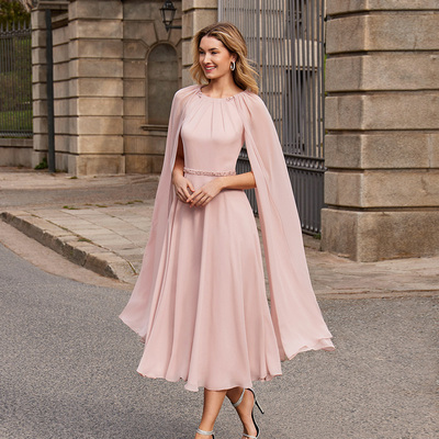 Pink chiffon mother of the bride dresses simple scoop neck long sleeves pearls tea-length a-line evening mother gowns