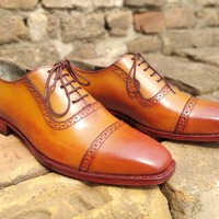 Classic Men's Handmade Brown Shoes, Genuine Leather Oxfords Cap Toe Lace Up Shoes - Thumbnail 1
