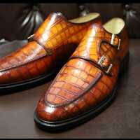 Handmade Brown Double Monk Crocodile Texture Leather Dress Shoes - Thumbnail 2