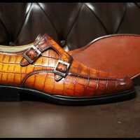 Handmade Brown Double Monk Crocodile Texture Leather Dress Shoes - Thumbnail 4
