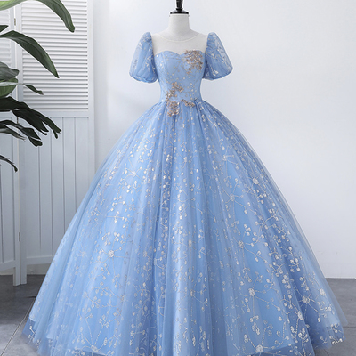 Blue tulle sequins long formal gown, beautiful spoon neckline short sleeve princess dress - Thumbnail 2