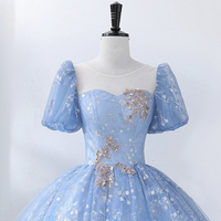 Blue Tulle Sequins Long Formal Gown, Beautiful Spoon Neckline Short Sleeve Princess Dress - Thumbnail 1