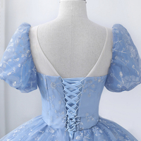 Blue Tulle Sequins Long Formal Gown, Beautiful Spoon Neckline Short Sleeve Princess Dress - Thumbnail 2