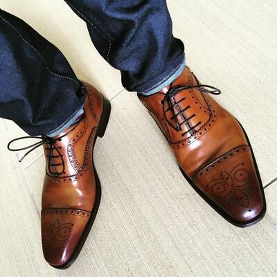 Decent style men's hand made oxfords cap toe style shoes, genuine leather lace up brogue shoes - Thumbnail 1