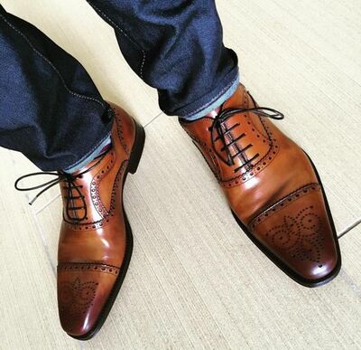 Decent Style Men's Hand Made Oxfords Cap Toe Style Shoes, Genuine Leather Lace Up Brogue Shoes