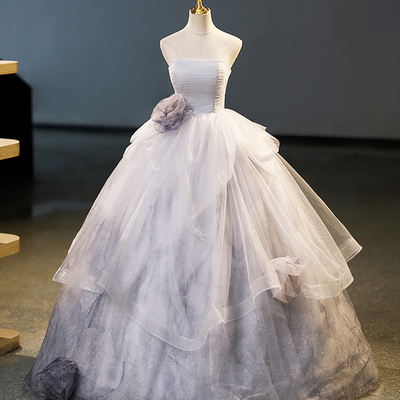 Gray tulle long formal dress, gray strapless evening dress - Thumbnail 1