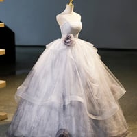 Gray Tulle Long Formal Dress, Gray Strapless Evening Dress - Thumbnail 3