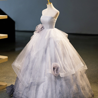 Gray Tulle Long Formal Dress, Gray Strapless Evening Dress - Thumbnail 2