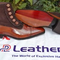 Two Tone Men Brown and Crocodile Texture Contrast Leather Button Ankle Dress Boot - Thumbnail 1