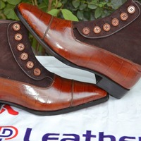 Two Tone Men Brown and Crocodile Texture Contrast Leather Button Ankle Dress Boot - Thumbnail 2