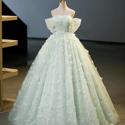 Green tulle long formal dress, green off shoulder evening gown - Thumbnail 1