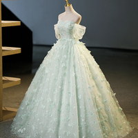 Green Tulle Long Formal Dress, Green Off Shoulder Evening Gown - Thumbnail 1