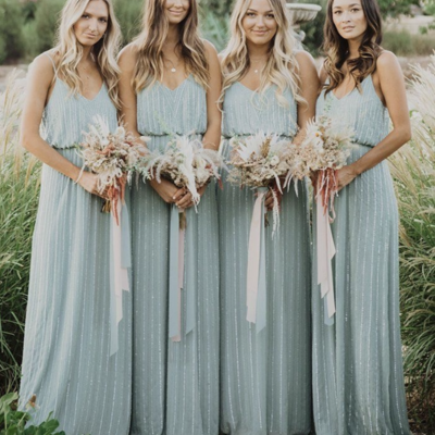 Spaghetti straps bridesmaid dresses for wedding party  with sash - Thumbnail 1