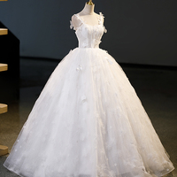 White Tulle Applique Long Ball Gown, White Evening Party Dress - Thumbnail 2