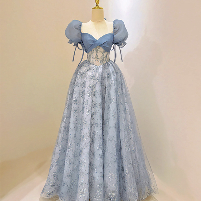 Blue tulle lace long prom dress, beautiful a-line short sleeve evening dress - Thumbnail 2