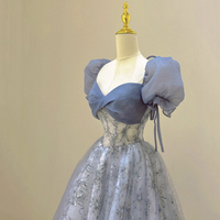 Blue Tulle Lace Long Prom Dress, Beautiful A-Line Short Sleeve Evening Dress - Thumbnail 1