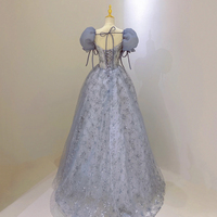 Blue Tulle Lace Long Prom Dress, Beautiful A-Line Short Sleeve Evening Dress - Thumbnail 2