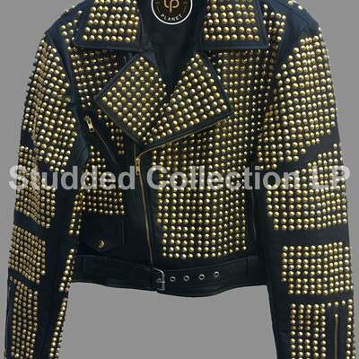 Men handmade mono goldon studded punk rock mode black stylish leather jacket - Thumbnail 5