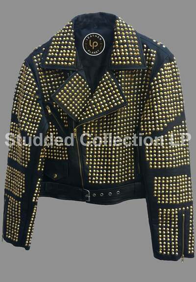 Men Handmade Mono Goldon Studded Punk Rock Mode Black Stylish Leather Jacket