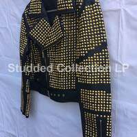 Men Handmade Mono Goldon Studded Punk Rock Mode Black Stylish Leather Jacket - Thumbnail 1