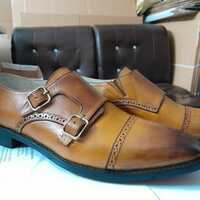 Hot Sale Men's Hand Stitch Brown Shoes, Genuine Leather Double Monk Strap Leather Shoes - Thumbnail 1