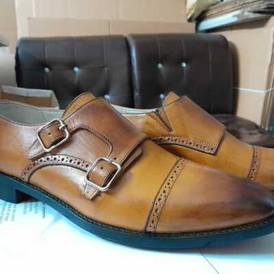 Hot sale men's hand stitch brown shoes, genuine leather double monk strap leather shoes