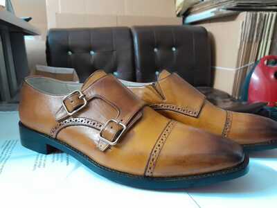 Hot Sale Men's Hand Stitch Brown Shoes, Genuine Leather Double Monk Strap Leather Shoes