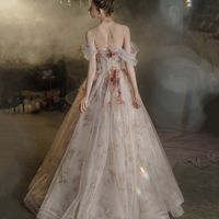 Champagne Tulle Long Prom Dress, Off Shoulder Evening Party Dress - Thumbnail 1