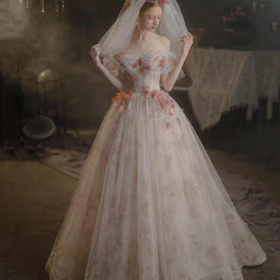 Champagne tulle long prom dress, off shoulder evening party dress - Thumbnail 1