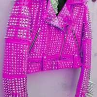 Handmade New Pink Awesome Women's Punk Rock Full Long Spiked Studded Brando Rusty Leather Jacket  - Thumbnail 1