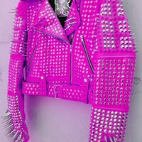 Handmade New Pink Awesome Women's Punk Rock Full Long Spiked Studded Brando Rusty Leather Jacket  - Thumbnail 2