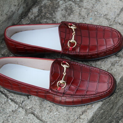 Custom made burgundy color crocodile texture horse bit loafers dress shoes - Thumbnail 4