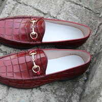 Custom Made Burgundy Color Crocodile Texture Horse bit Loafers Dress Shoes - Thumbnail 1