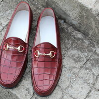 Custom Made Burgundy Color Crocodile Texture Horse bit Loafers Dress Shoes - Thumbnail 2