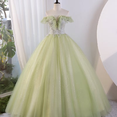 Green tulle floor length prom dress, off shoulder evening party dress - Thumbnail 1