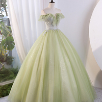 Green Tulle Floor Length Prom Dress, Off Shoulder Evening Party Dress - Thumbnail 1