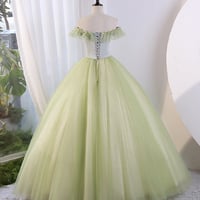 Green Tulle Floor Length Prom Dress, Off Shoulder Evening Party Dress - Thumbnail 2