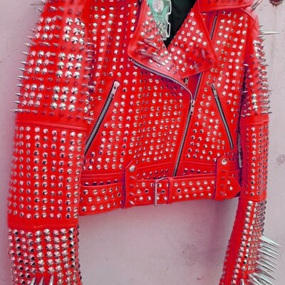 Red awesome women's punk rock full long spiked studded brando rusty leather jacket  - Thumbnail 4