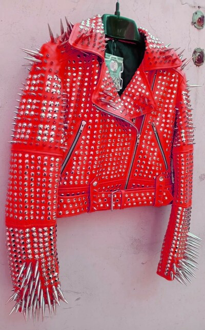 Red Awesome Women's Punk Rock Full Long Spiked Studded Brando Rusty Leather Jacket 