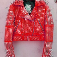 Red Awesome Women's Punk Rock Full Long Spiked Studded Brando Rusty Leather Jacket  - Thumbnail 1