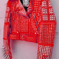 Red Awesome Women's Punk Rock Full Long Spiked Studded Brando Rusty Leather Jacket  - Thumbnail 2