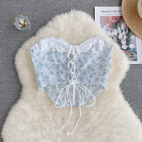 Blue Floral Lace Up Backless Corset Top - Thumbnail 1