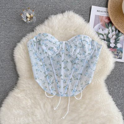 Blue floral lace up backless corset top - Thumbnail 1