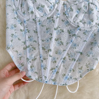 Blue Floral Lace Up Backless Corset Top - Thumbnail 2