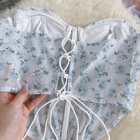 Blue Floral Lace Up Backless Corset Top - Thumbnail 3