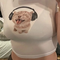 Cat Music Print Ribbed Tank Top - Thumbnail 5
